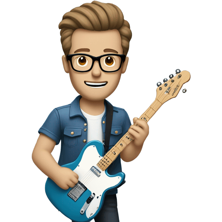 A nerdy white guy with glasses with short brown hair with a small quiff playing a blue classic telescaster emoji