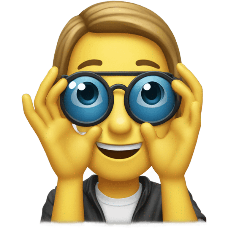 "Create an emoji with the 'goggles celebration' gesture, where both hands form circles in front of the eyes, mimicking glasses. The emoji should convey excitement and joy, with a playful and victorious vibe, using a yellow emoji face."
 emoji