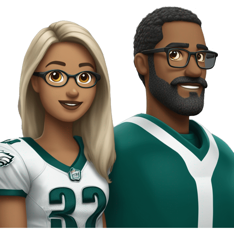 Brown skin couple in Philadelphia Eagles clothing guy has a beard and mustache girl has glasses and her hair in a bun emoji