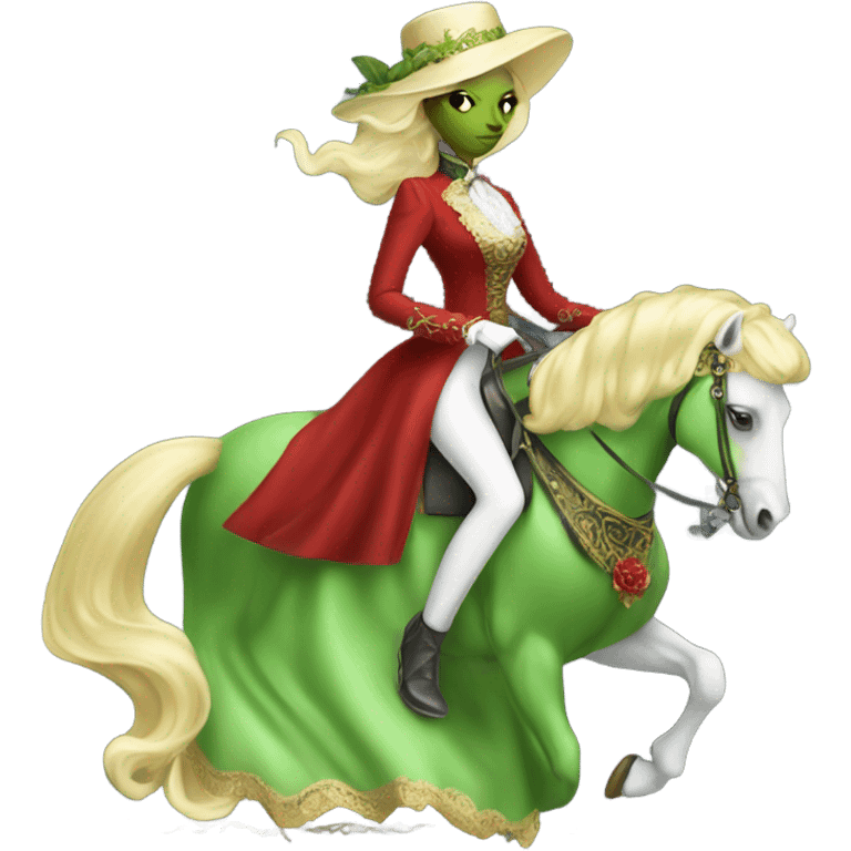 "galora green blonde alien woman" in red Victorian elegant dress, full body, rides "horse gold and white"
 emoji