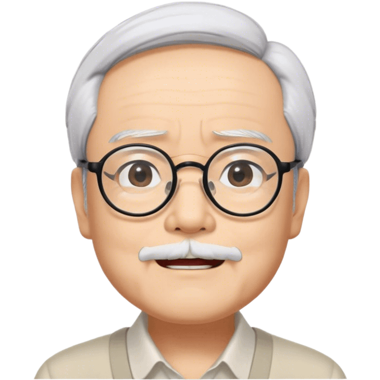 ​Cinematic Realistic Portrait of Hayao Miyazaki, depicted with defined black eyebrows, and large rectangular glasses, his happy expression rendered in lifelike detail, illuminated with soft, realistic lighting that emphasizes his creative genius, emoji