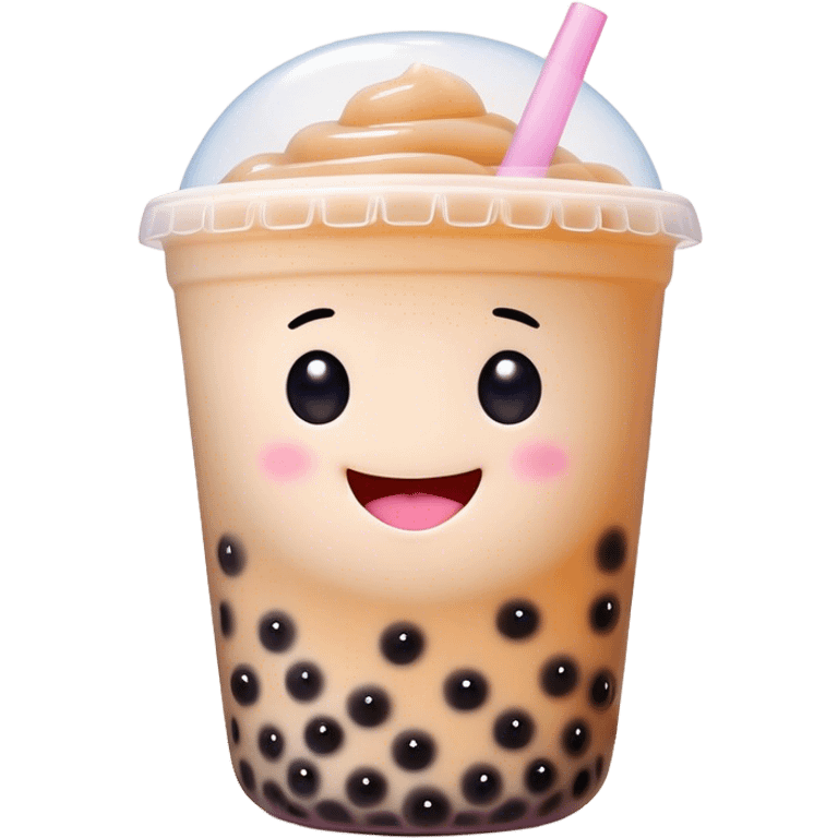 Cinematic pastel-colored bubble tea, chubby cup with a smiling face, tiny black tapioca pearls peeking out, soft glowing background, playful and adorable. emoji