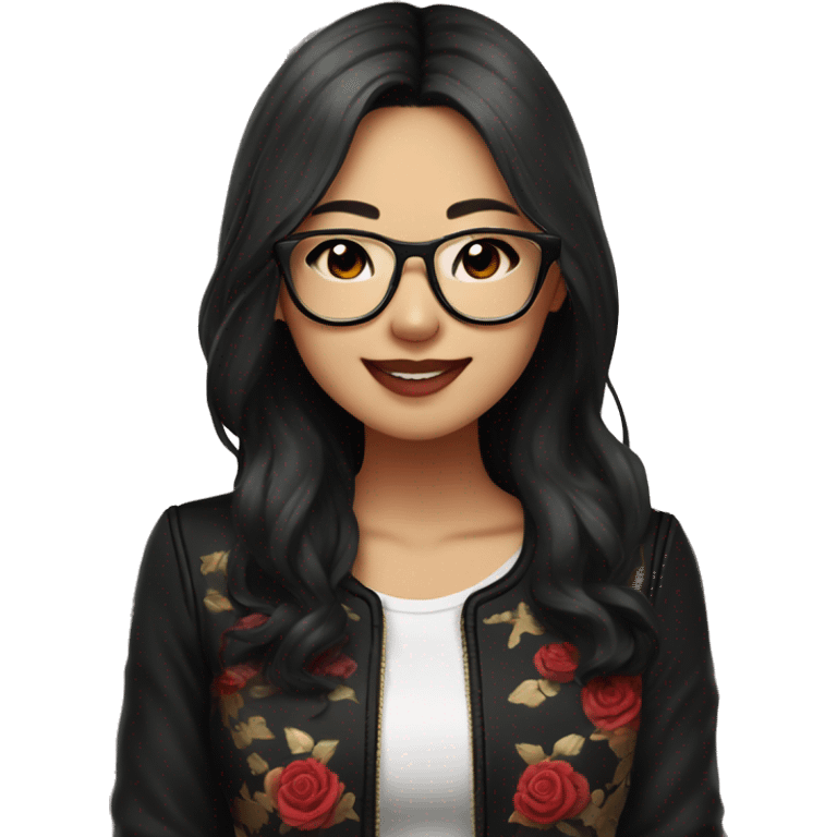 Asian girl, smiling with teeth, fair skin, black long hair, black eyes, black glasses with gold frames, red lipstick, wearing a white lace tank top and a black office jacket on top, with pink and red roses around her, chibi. emoji