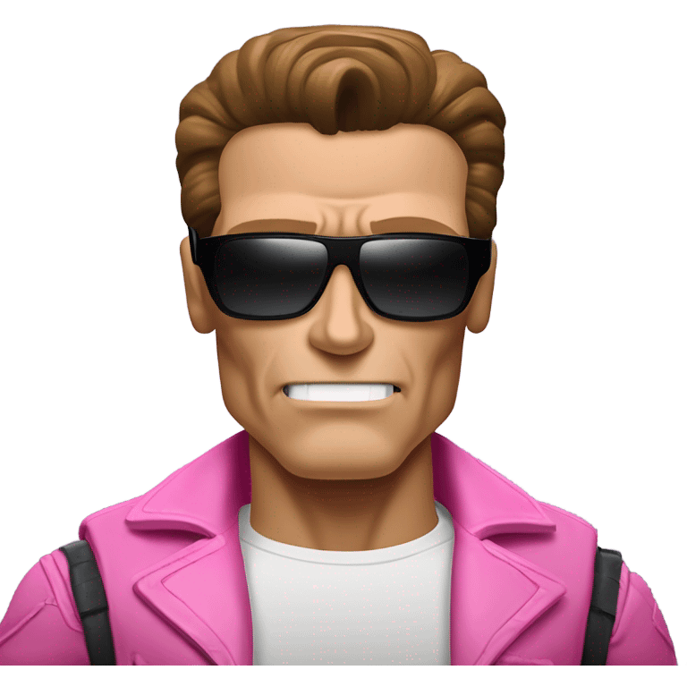 Schwarzenegger-like Terminator, upper body only, wearing his iconic clothes in pink (all clothes must be pink), looking more human with minimal robotic details, and wearing dark sunglasses, hair must be dark emoji