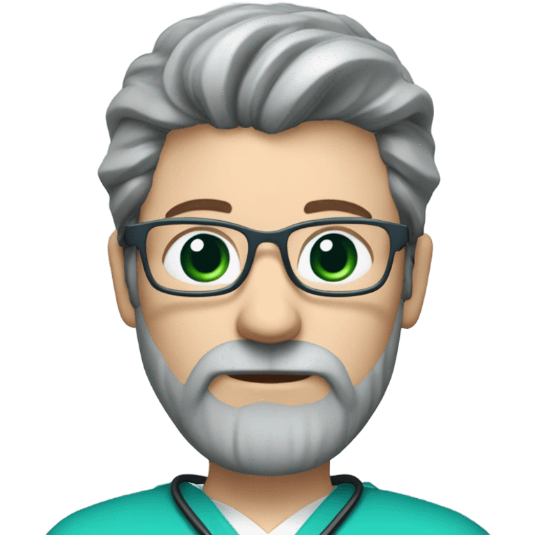 male dark blond with grey beard doctor with blue-green eyes and wire glasses in teal scrubs holding a paintbrush emoji