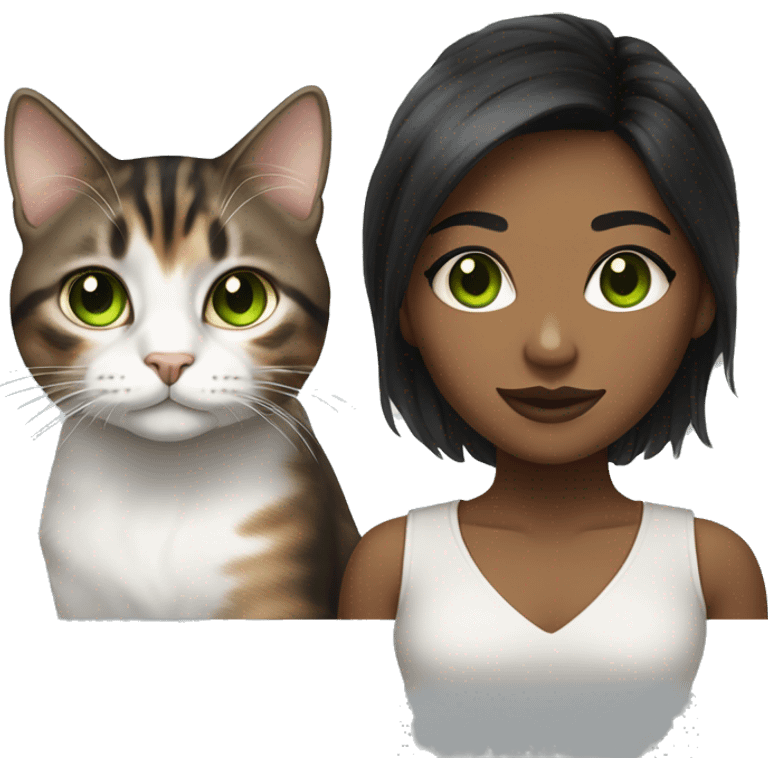 Young black woman brown eyes and black hair with a white and brown tabby cat with green eyes emoji