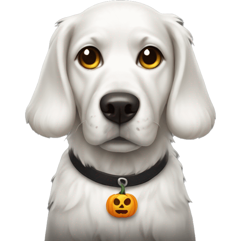 White dog wearing Halloween costume emoji