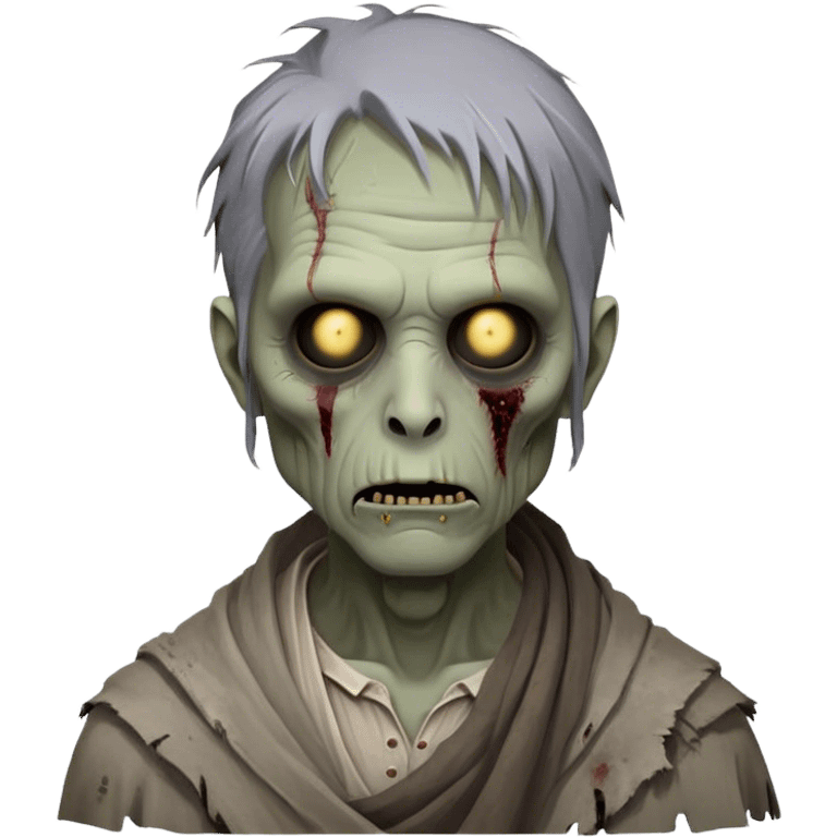 Cinematic Noble Zombie Portrait Emoji, Surprisingly dignified and somber, with a decaying yet strangely regal visage in ashen grays and muted tones, draped in tattered attire hinting at a lost grandeur, simplified yet meticulously detailed, glowing with a soft, eerie radiance and a gentle outline that evokes the tragic nobility of the undead! emoji