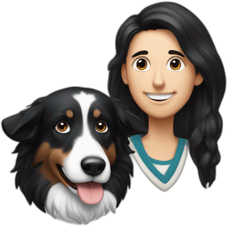 aa family photo a a family photo of a 30-year-old boy with very long black hair next to a black and white border collie emoji