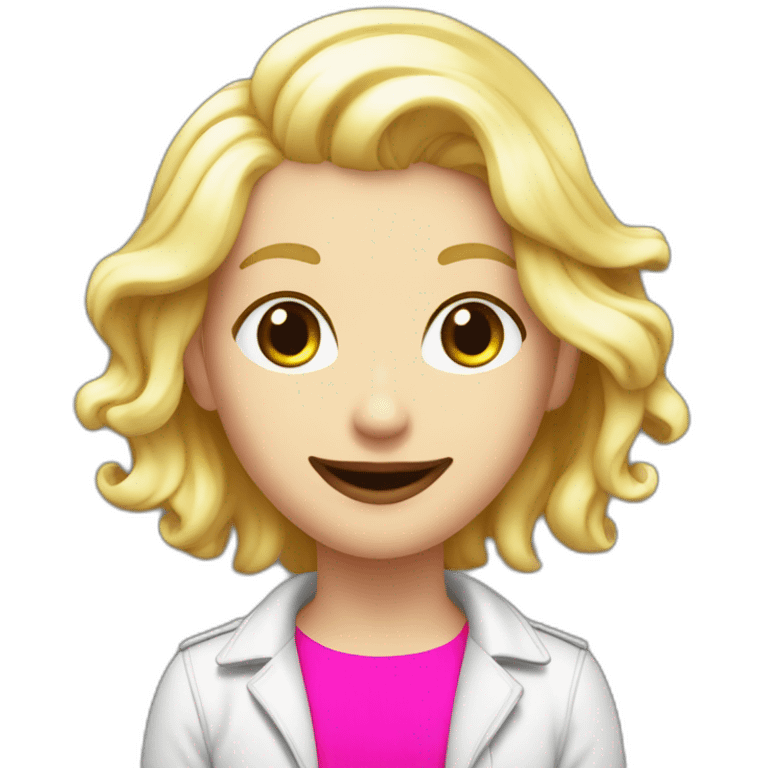 Joyful white hacker with fluorescent and playful pink shirt, passionate about programming and art, blond hair red lip round and black bezel emoji