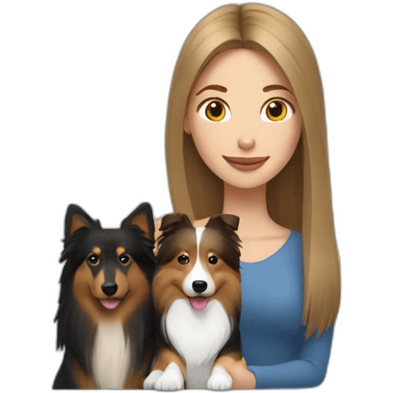 yong woman with light-broun straight hair holds a sable sheltie and bi-black sheltie emoji