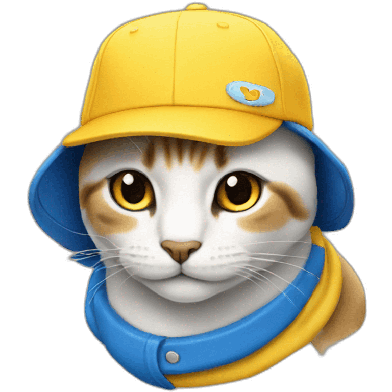 Gato color amarillo con una gorra azul que diga Puko  emoji