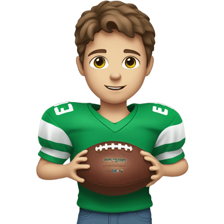 boy with brown hair and light blue eyes. wearing a green shirt. holding an american football  emoji