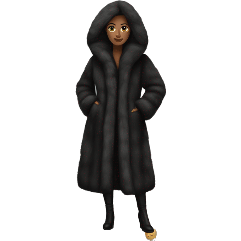 Dark haired woman wearing big full length fur coat emoji