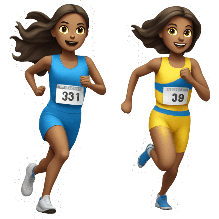 3 white brunette girls running a race with yellow blue and white outfits  emoji