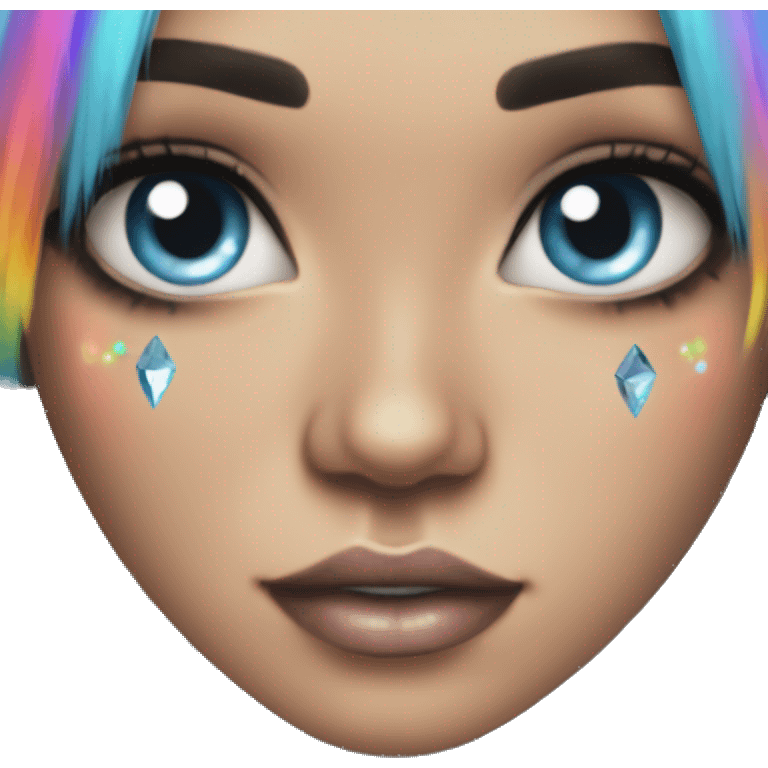 Pretty Girl with tattoos, long eyelashes, winged eyeliner, crystal blue eyes, long black hair with rainbow fringe emoji