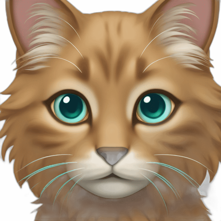 Brown fluffy cat with teal eyes , a lighter brown mane sliver of orange fur at the top of her head emoji