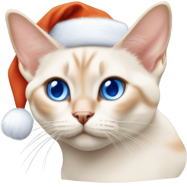 chubby flame point Siamese, white fur with orange accents and blue eyes wearing a red christmas hat  emoji