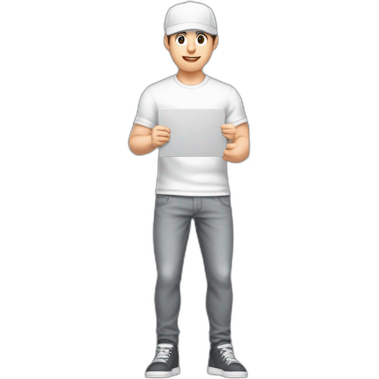 Pale skinned fit Man with dark brown hair in a white cap, gray jeans and gray polo T-shirt keeping a pasted with tape white box into his hands emoji