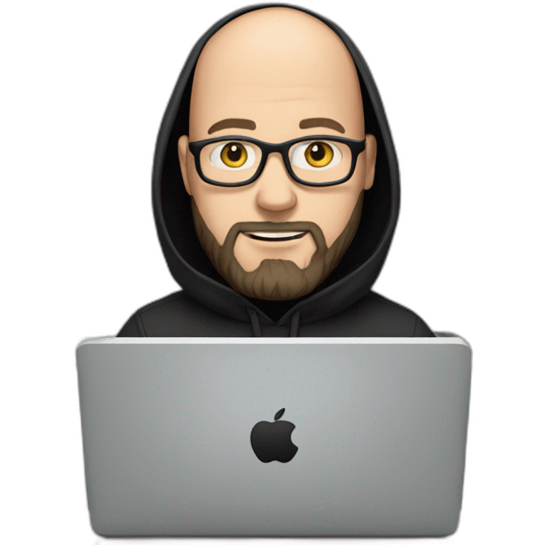 bald white man with glasses and a black beard typing on apple computer wearing a black hoodie emoji