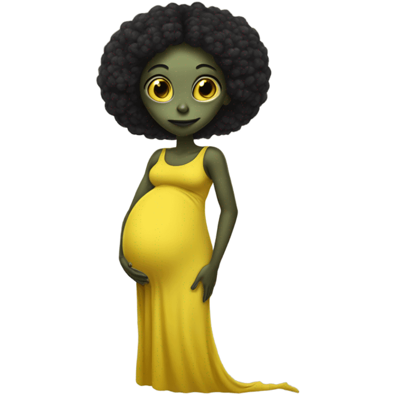 Pregnant black alien woman, full body in jellow  dress emoji