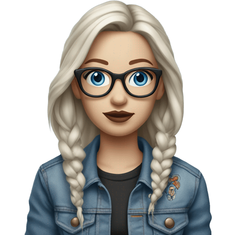 Create a Hyper Realistic pale beautiful tattooed 3D woman with glasses and blue eyes wearing denim jacket emoji