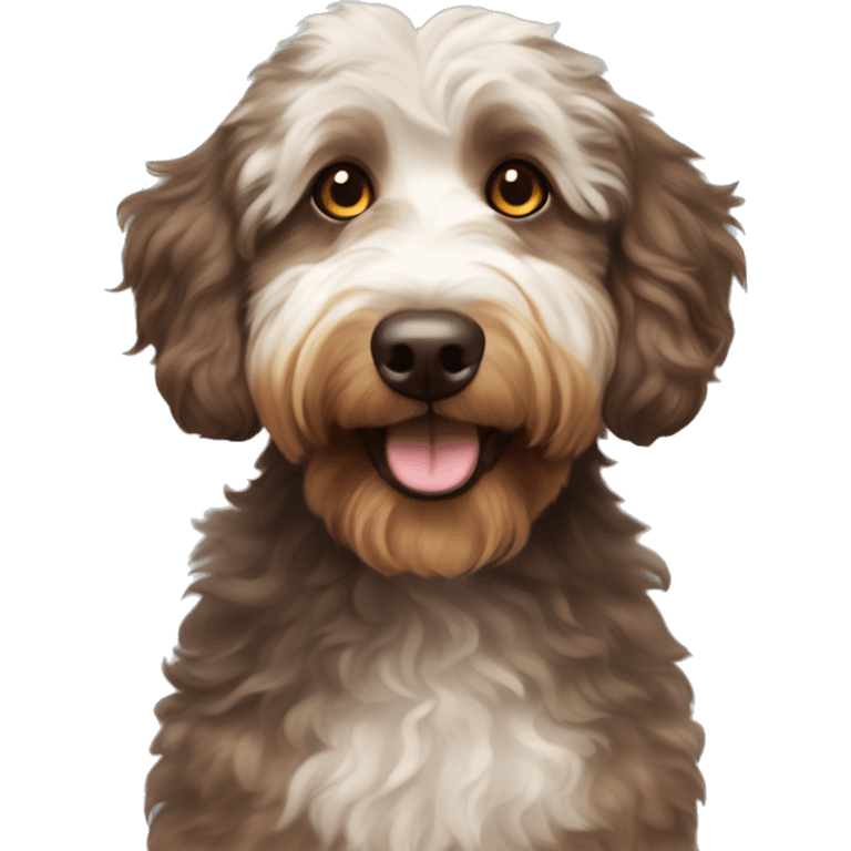 Brown and tan Aussiedoodle with yellow eyes and a bun on the top of head emoji