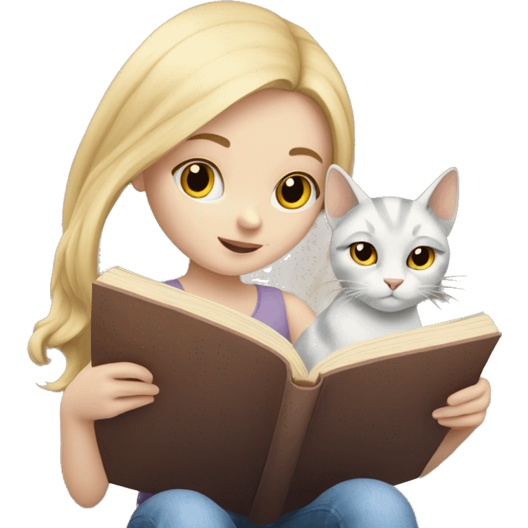 a pale skinned girl reading a book and a cat emoji