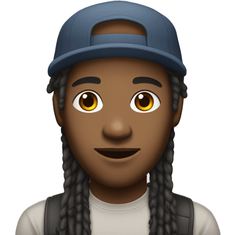 A young African-American male with medium-length dreadlocks, a trimmed goatee, and sharp facial features, wearing a cap. emoji