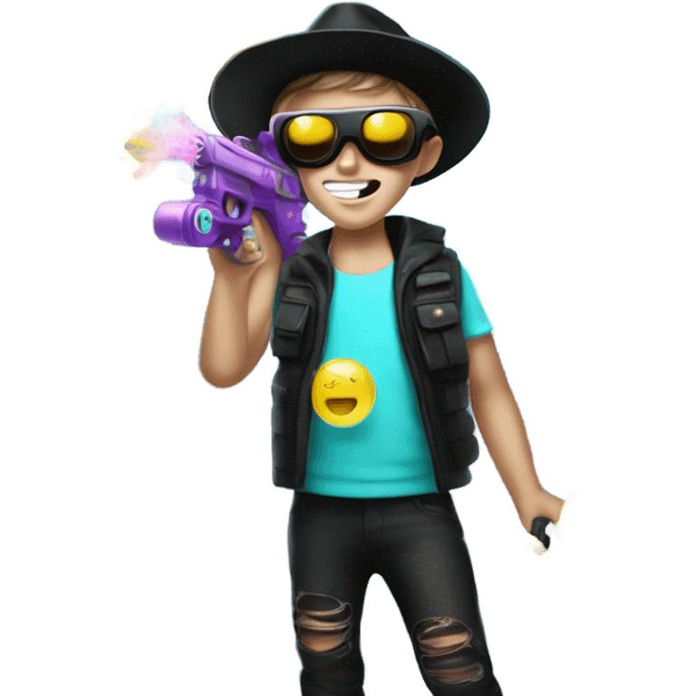 Caucasian boy at rave wearing a black mask and sunglasses a glowing outfit and glowing hat with bubble guns in each hand with bubbles all around emoji