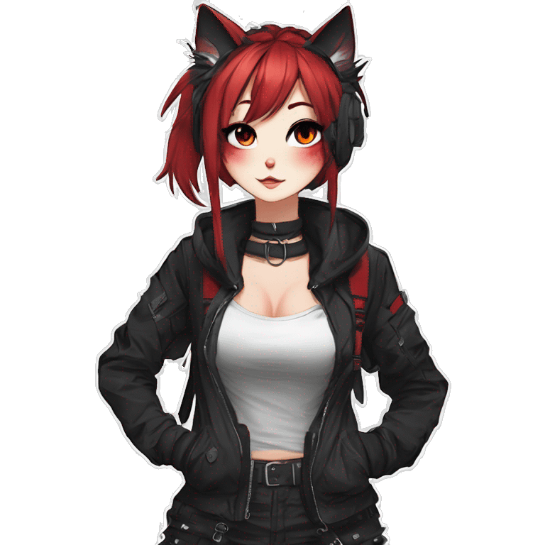 Gorgeous gothic dark techwear anime style anthro cat with blushing face aesthetic and pretty edgy black red punk messy ponytail hair with collar and harness trending style emoji