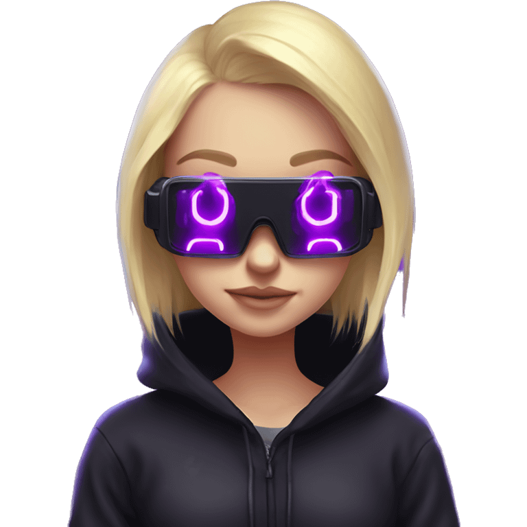 Russian cute blond girl wearing black hoody with violet letters "OMG", in vr headset. Cyberpunk style. Violet neon. emoji