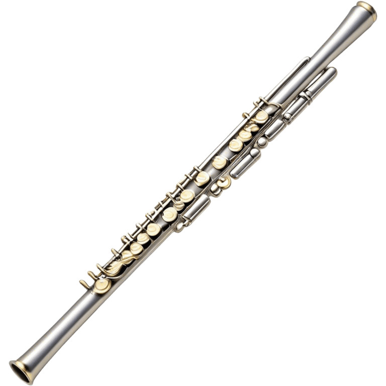 Cinematic Realistic Flute, polished silver metal with precise keywork, warm golden reflections dancing along its surface, soft hands carefully positioned over the keys, glowing with an elegant and airy charm. emoji