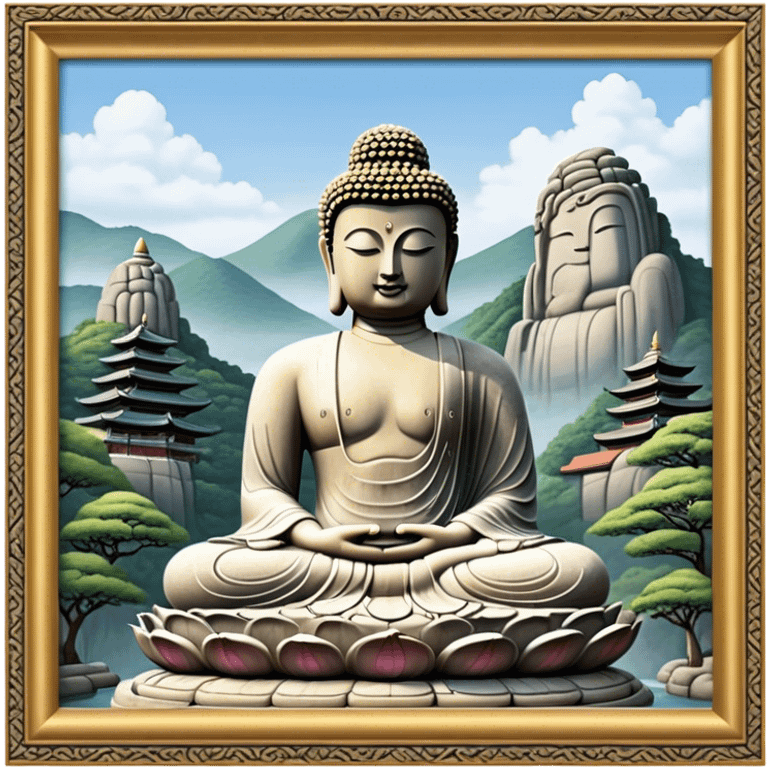 Cinematic Realistic image of the Big Buddha Monument of Sinheungsa Temple, portrayed as a towering, serene Buddha statue carved from weathered stone with intricate details and a gentle meditative expression, set within an ancient temple landscape enveloped in soft, ethereal lighting that underscores its spiritual majesty. emoji