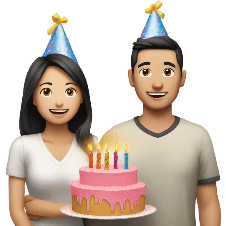 Asian couple celebrating birthday emoji