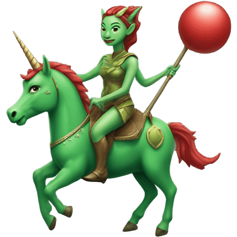 a green amazon alien woman, on a four-legged red unicorn emoji