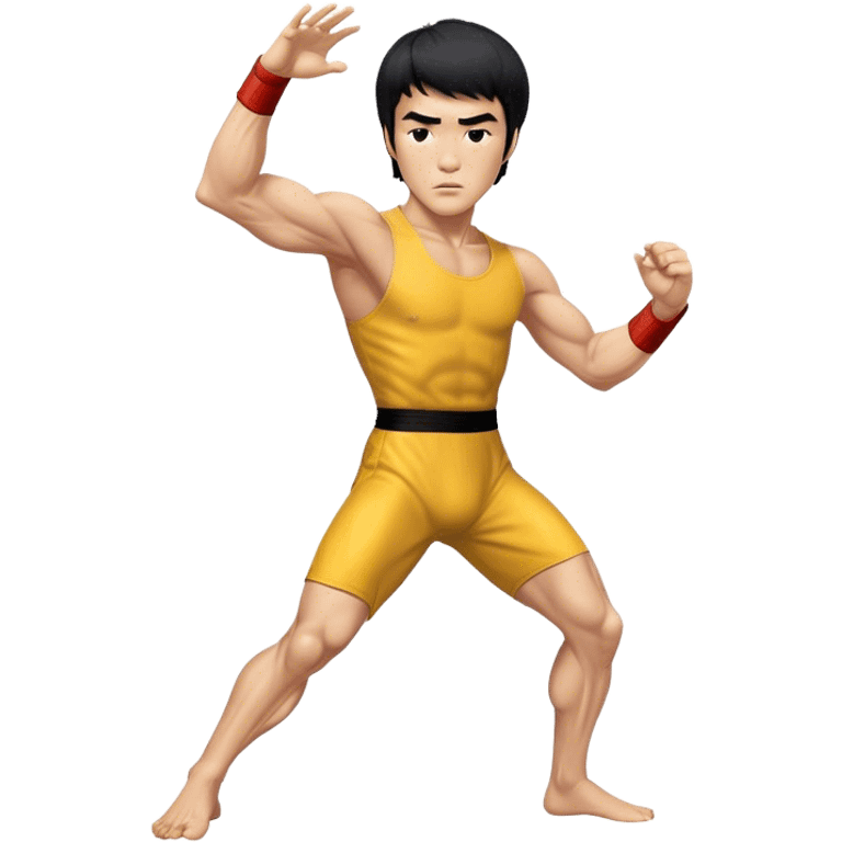 Cinematic Realistic portrait of Bruce Lee, shown as a legendary martial artist in a dynamic, powerful pose with modern athletic attire and finely detailed muscle definition, rendered in dramatic action lighting emoji