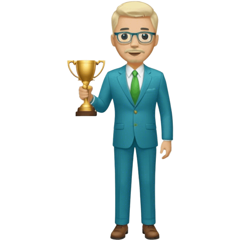 Full Body white heavy set male  wearing glasses with a goatee with light blonde gray very short hair basketball head Coach in blue and green suit holding trophy emoji