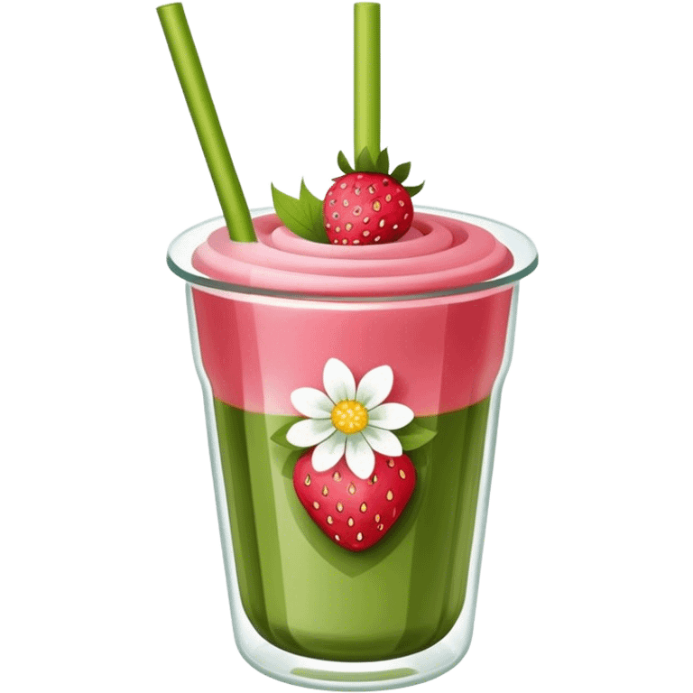 flower glass cup with strawberry matcha inside and straw emoji