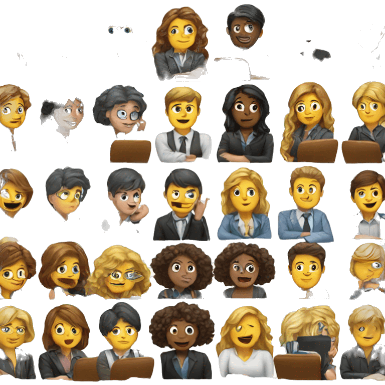 European students sitting at desks and speaking to each other. emoji