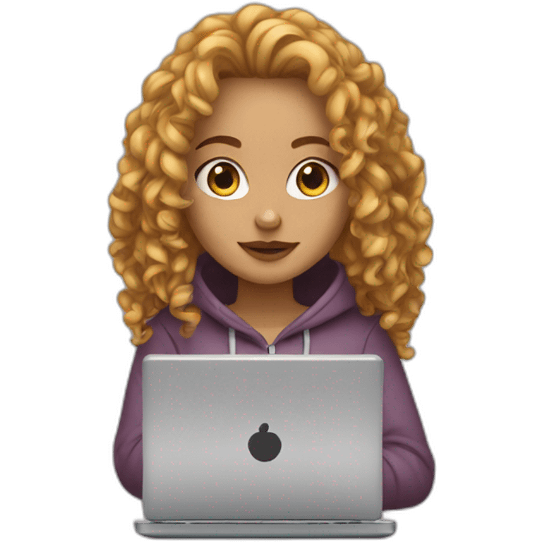 a white tenage curly girl wearing a hoodie working on a laptop emoji