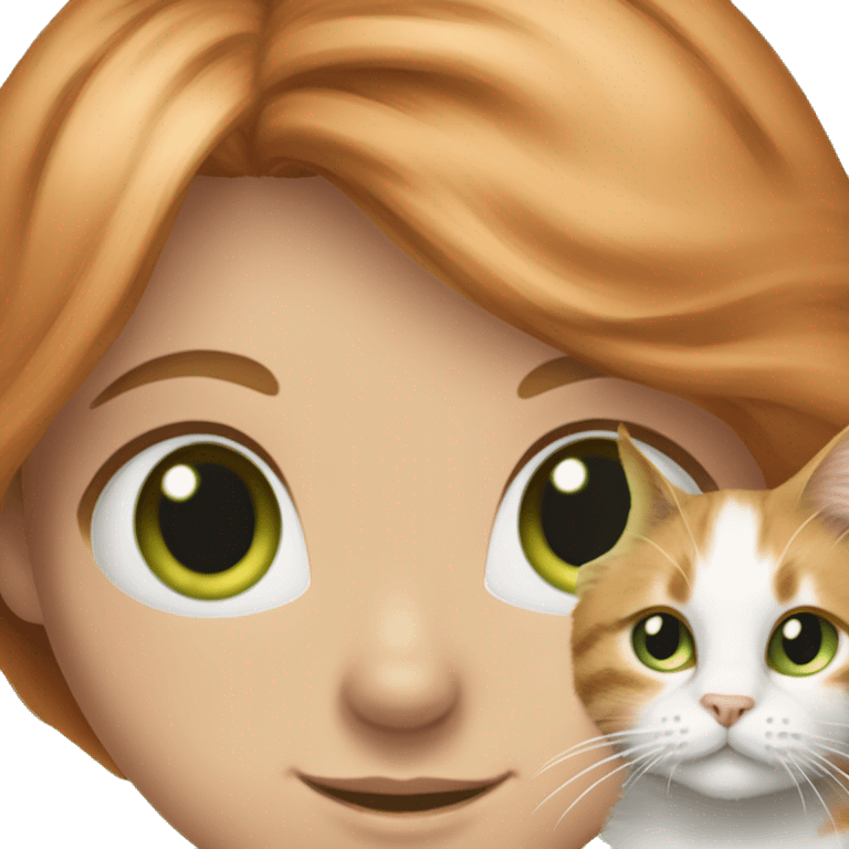 girl, green eyed,with long strawberry blonde-ginger hair (mix of that two hair colours as one) holding a tabby cat, with white fur in shape of collar and also green eyed emoji