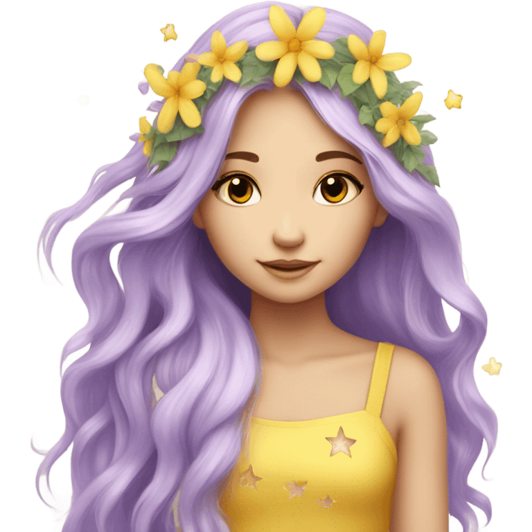 Beauty, long hair with little stars, flower fairy, yellow, lilac, garden emoji