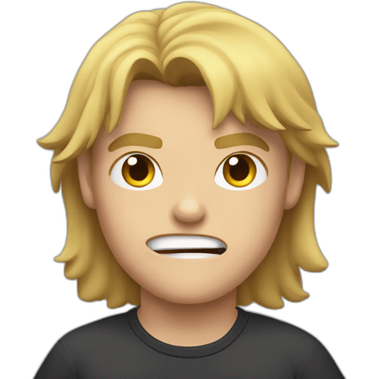 light haired angry young man in dark t-shirt with clenched fists over his head emoji