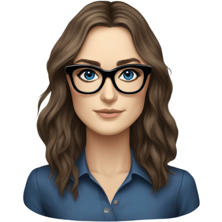 Hyper Realistic Photo keireav Knightly wearing black glasses and blue eyes  on a laptop  emoji