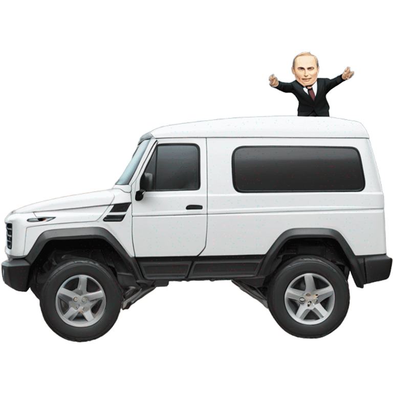 Photorealistic Vladimir Putin doing a backflip over a Tesla cyber truck emoji