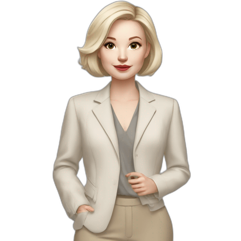 pale skin woman with ash blonde Straightened bob Hair, White Spacious classical jacket, beige palazzo Arrow pants and gray blouse holding RAL colour palette in the hands emoji