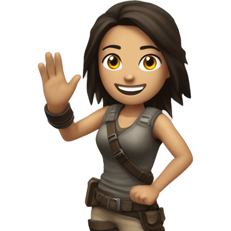 Lara Crofts is smiling and have a waving hand, to say hello in classic tomb raider legend outfit emoji