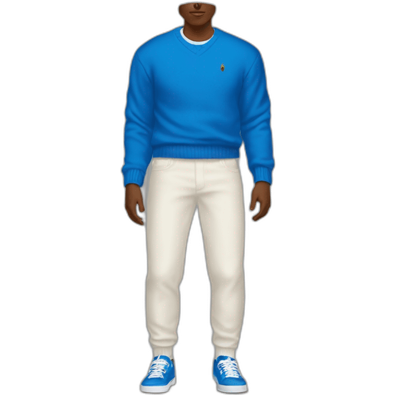 brown guy wearing a ralph lauren blue sweater with an italian white pant and old bape sneakers emoji