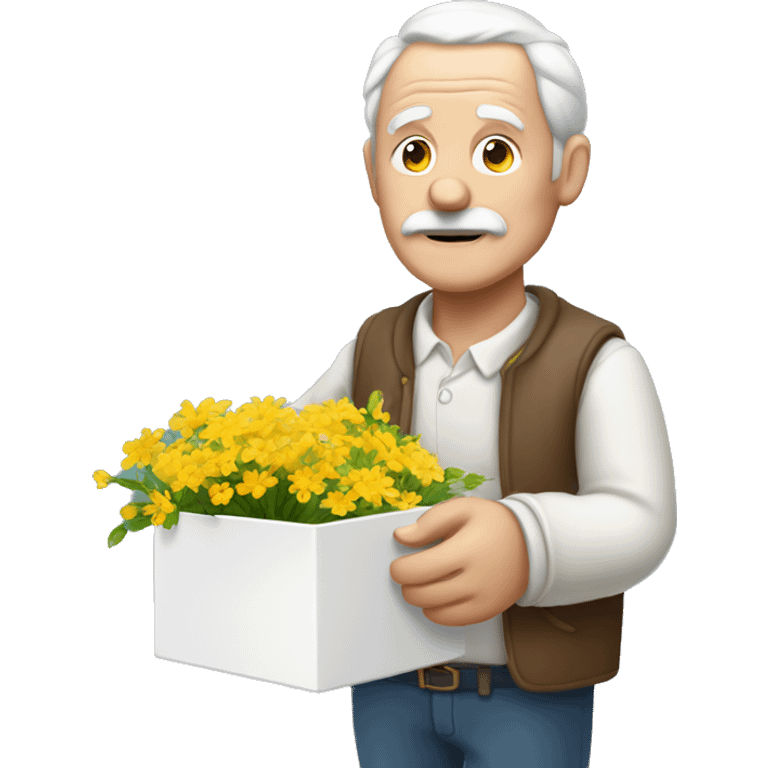 Old man white open little box in his hand whit a flowers  emoji